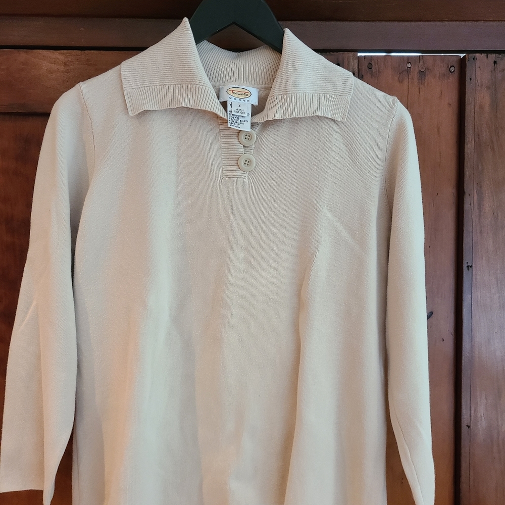 Talbots Woman, Pullover Top, All Cotton, Cream/Tan, with two buttons